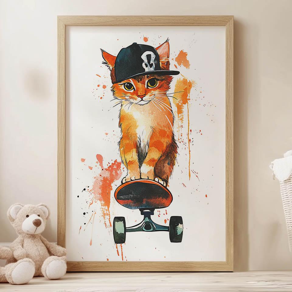 Plakat Kotek Na Desce Snowboardowej Plakat Kotek Na Desce Snowboardowej, 40X50 Cm, Rama Aluminiowa Czarna, Papier Matowy 230 Gsm