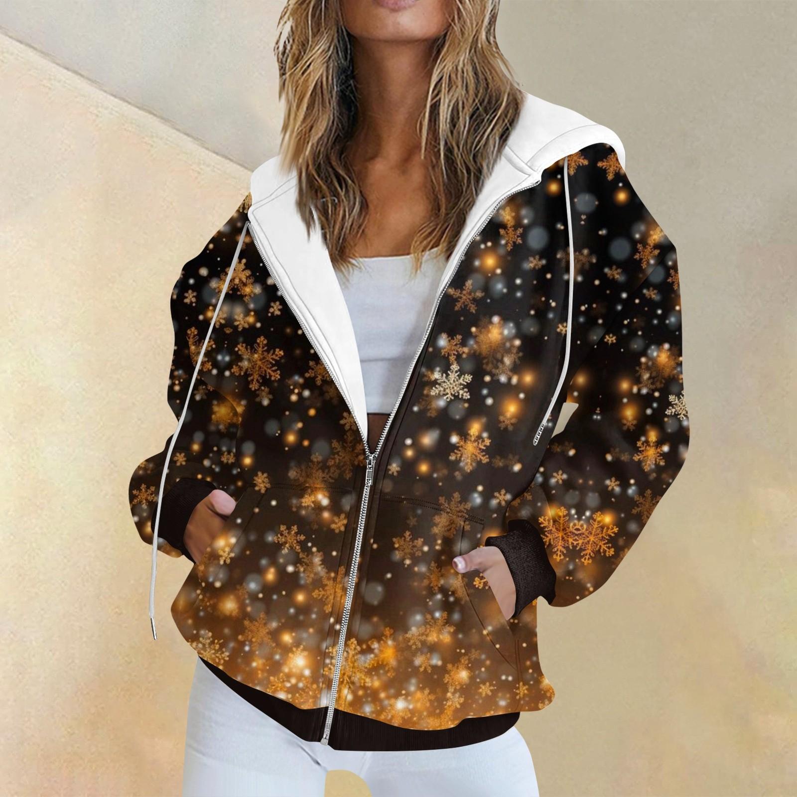 

Женская модная повседневная толстовка с рождественским принтом и длинными рукавами, карманная куртка, пальто с капюшоном на молнии S