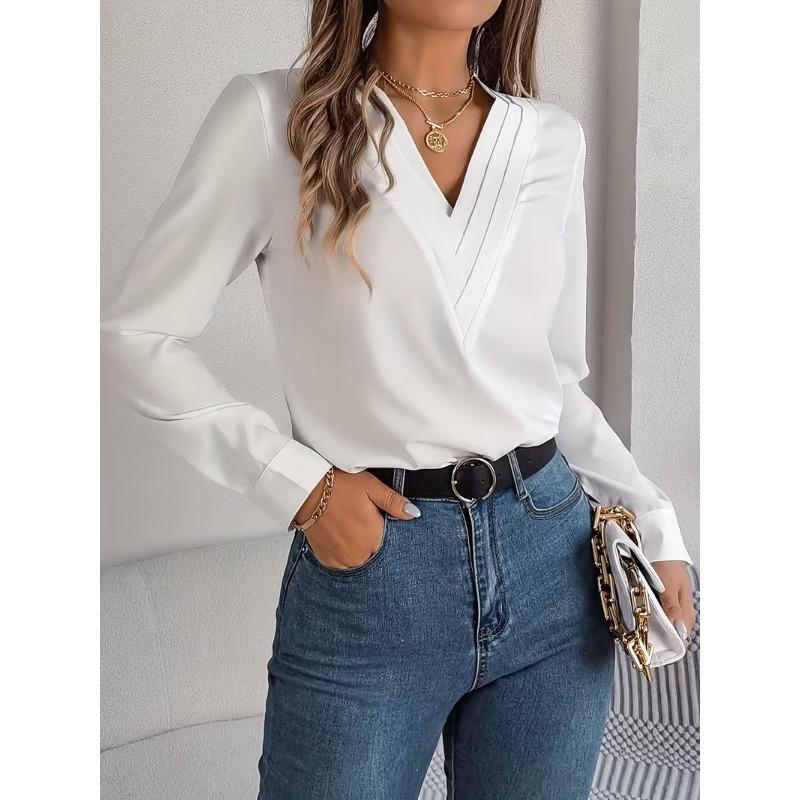 Womens Dressy Casual Shirts Long Sleeve Layered V Neck Solid Elagant Tops Fall Winter Preppy Business Office Blouse