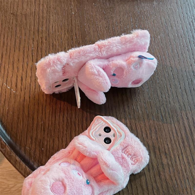 Husă de pluș cu desen animat pentru telefon Apple 15 Promax cu design drăguț de iepuraș și suport anti-cădere