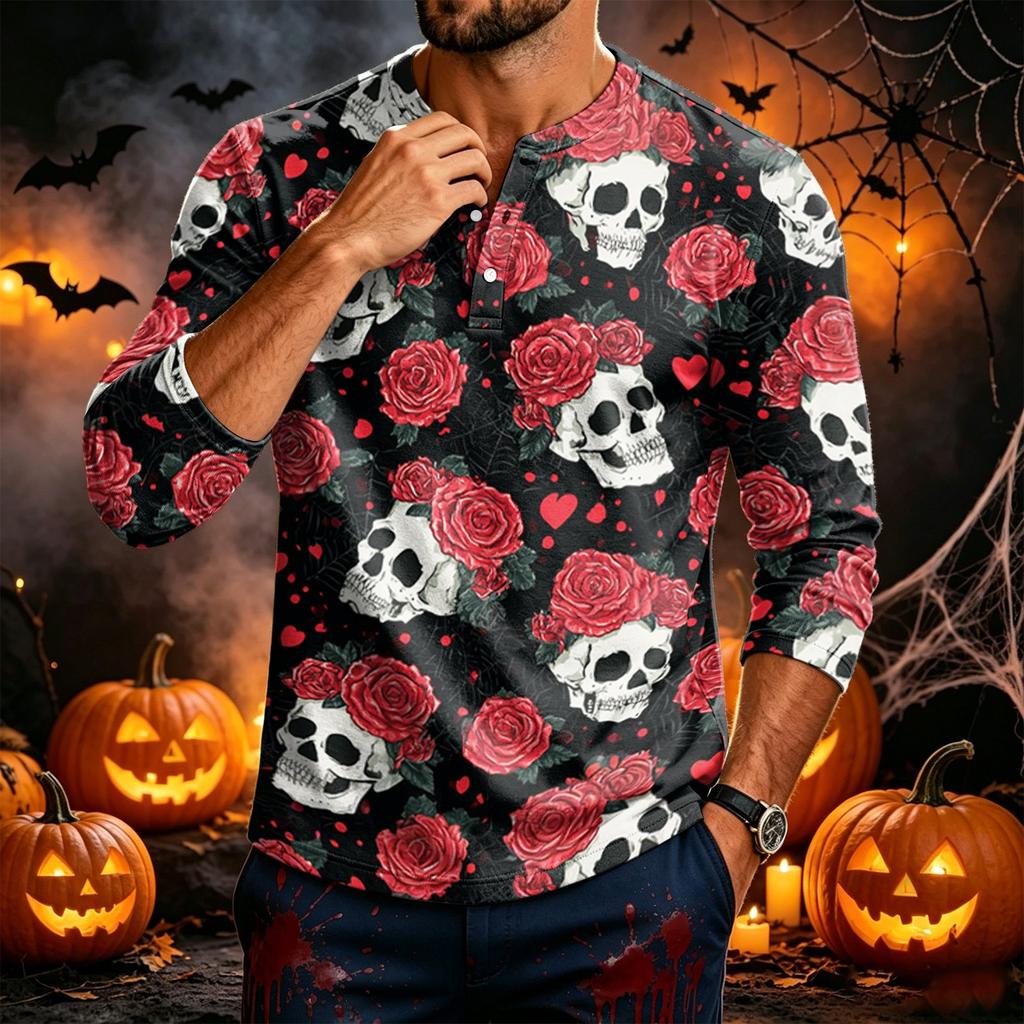 Men's Long Sleeve Shirt with Halloween Print for Casual Everyday Wear