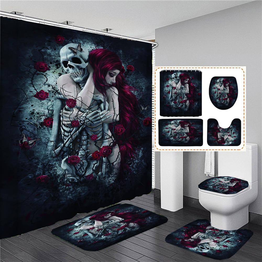 Black Skull Skeleton Printed Shower Curtain Set Horrible Halloween Festival Bathroom Decor Pedestal Rug Lid Carpet Toilet Cover
