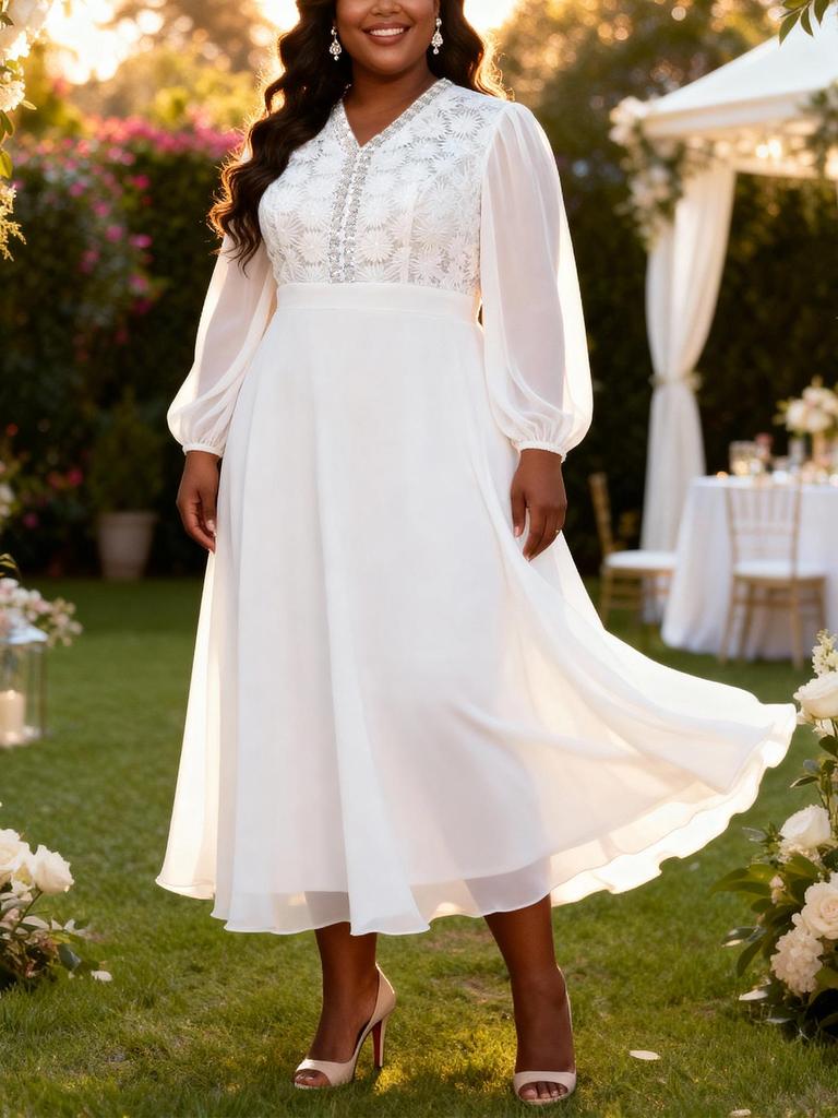 Weißes Spitzen-Chiffon-Kleid für Damen in Übergröße mit V-Ausschnitt, Fledermausärmeln & taillierter Taille für Hochzeiten oder Partys
