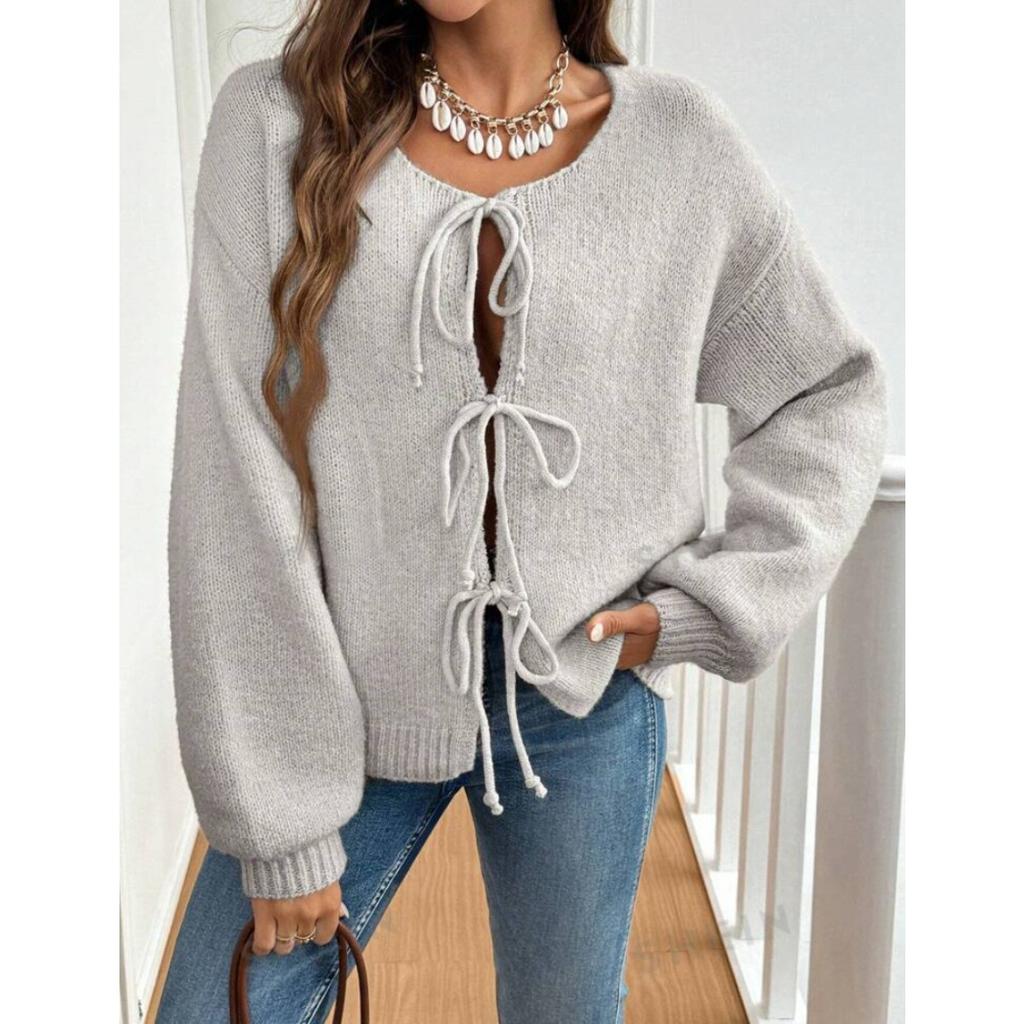 Autumn and Winter Women's Clothing, Casual, Loose Fitting, Cardigan, Tie Up, Solid Color Sweater