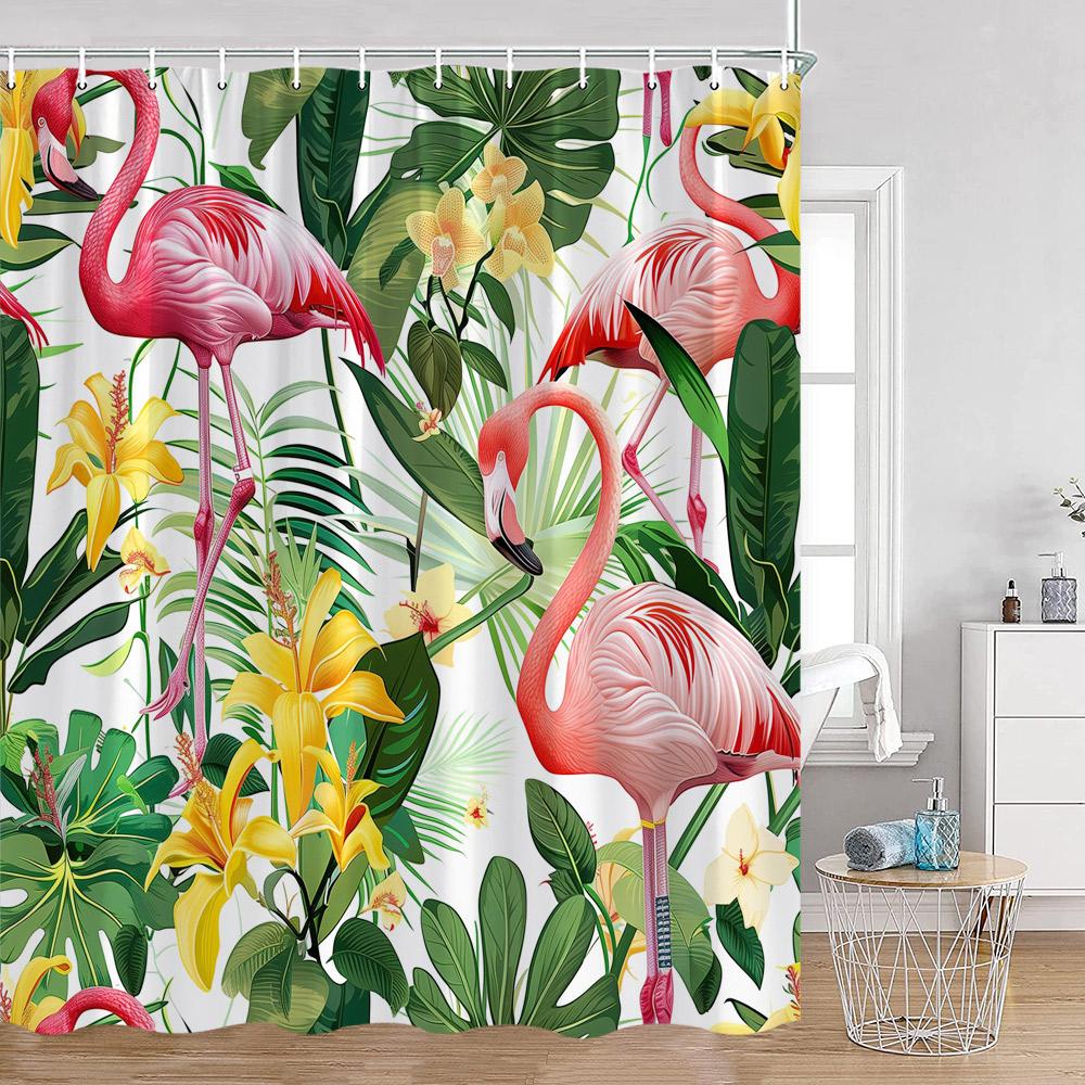 Flamingo Pink Birds Shower Curtains Tropical Palm Leaves Plants Jungle Nordic Bath Curtain Summer Vacation Fabric Bathroom Decor