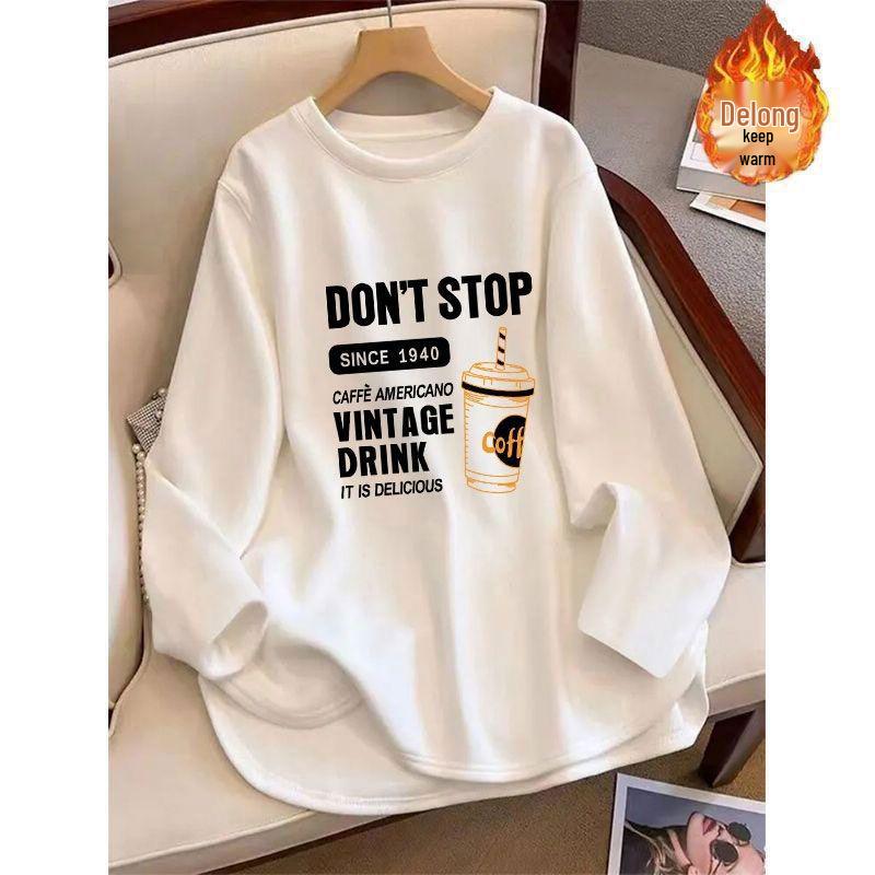 Women's Loose Plush Base Layer Mid-Length Split Long-Sleeve Tee