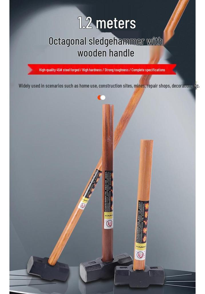 1.2m Wooden Handle Octagonal Demolition Sledgehammer - Heavy Duty Construction Site Tool