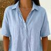 Women Shirt Lapel Buttons Half Placket Short Sleeves Casual Blouse Pure Color Loose Fit
