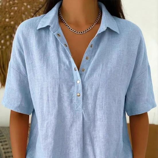 Women Shirt Lapel Buttons Half Placket Short Sleeves Casual Blouse Pure Color Loose Fit