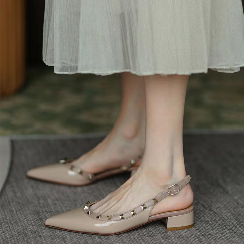 2024 Summer Mid-Heel Nude Pointed-Toe Studded Peep-Toe Chunky Heel Backless Sandals for Women