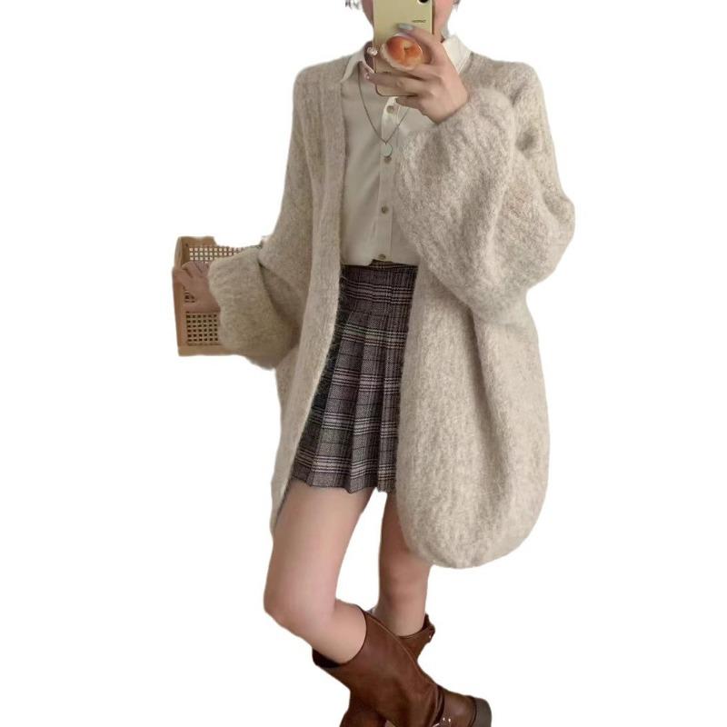 Gentle Wind Soft Waxy Knitted Cardigan Top Women's Autumn and Winter New Solid Color Versatile Loose Lazy Sweater Jacket