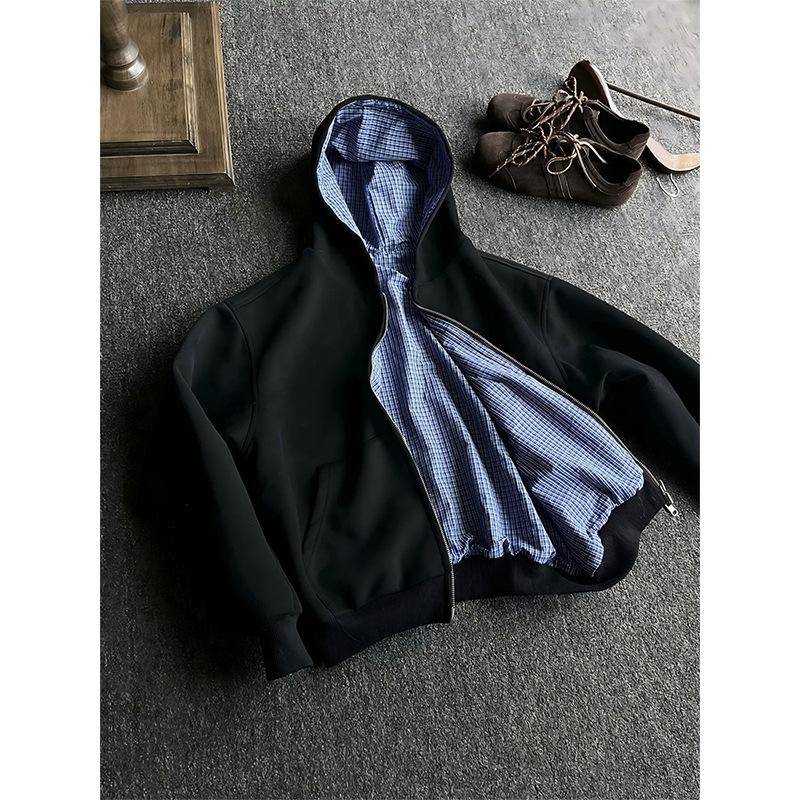 Men's Reversible Gray Plaid Hoodie Cardigan - Autumn, High-End, Heavy-Weight, Couple's Style