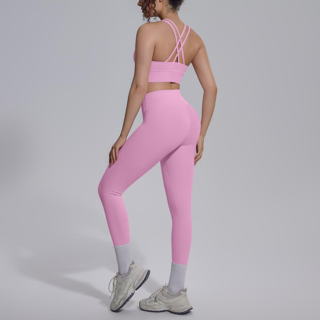 Double-sided nylon solid color cross beauty back tight nude sportswear set running fitness yoga suit set