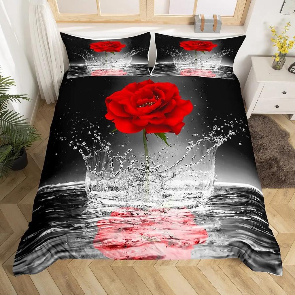 Pink Rose Duvet Cover Set Queen Size 3D Printed Rose Floral Bedding Set Botanical Blossom Flowers Microfiber Comforter Cover