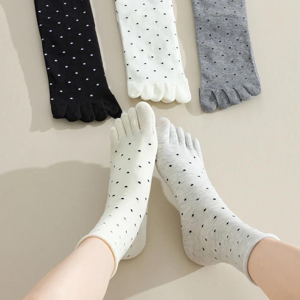 3 Pairs Toe Socks Women Middle Tube Five Finger Socks Cute Dots High Quality Cotton Crew Socks with Separate Fingers
