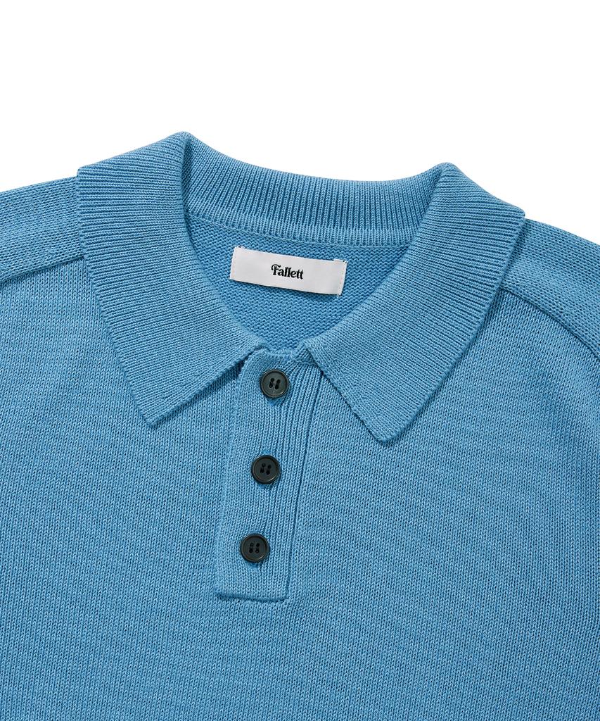 FALLETT Cotton Yarn Collared Short Sleeve Knit Blue