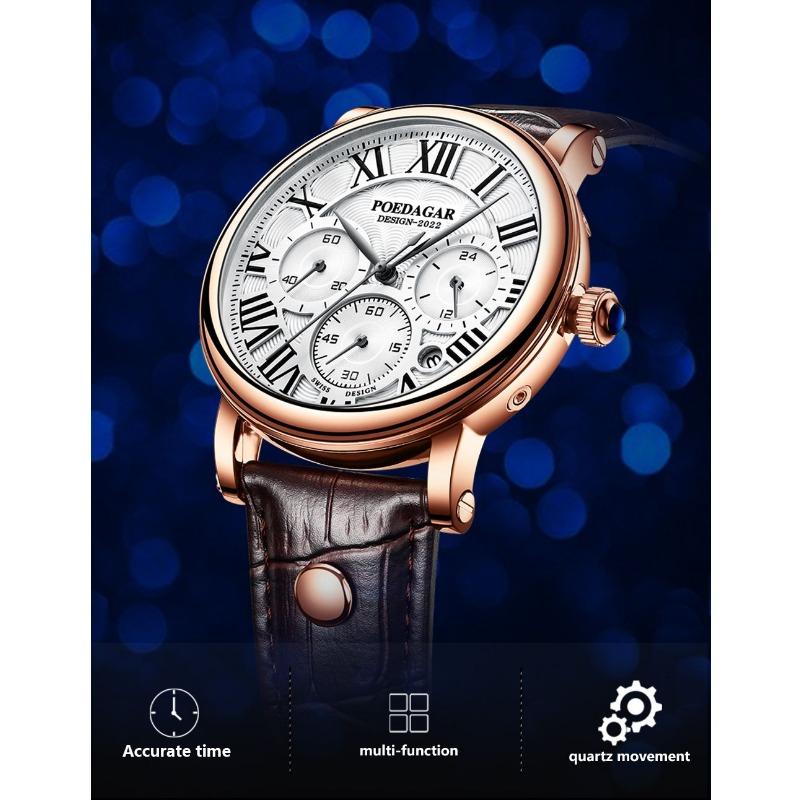 POEDAGAR Men Watch Fashion Chronograph Leather Quartz Watches Waterproof Luminous Sport Sport Wristwatch Six Needle Watch