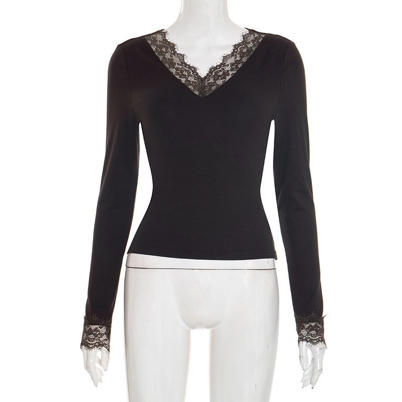 

Европейский и американский женский укороченный топ с V-образным вырезом, кружевной отделкой и пэчворком Y25TP428 M