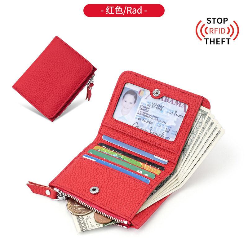 Japanese Style Fashion Ultra Thin Short Purse Large Capacity Women RFID Real Leather Wallet Zipper Coin Card Purse