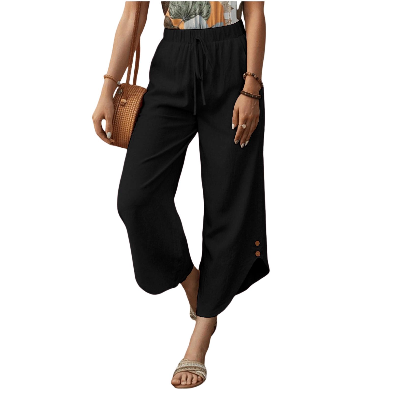 

Women s Fashionable Color Drawstring Pocket Loose Cotton And Linen Straight Leg Casual Cropped Pants XL чёрный