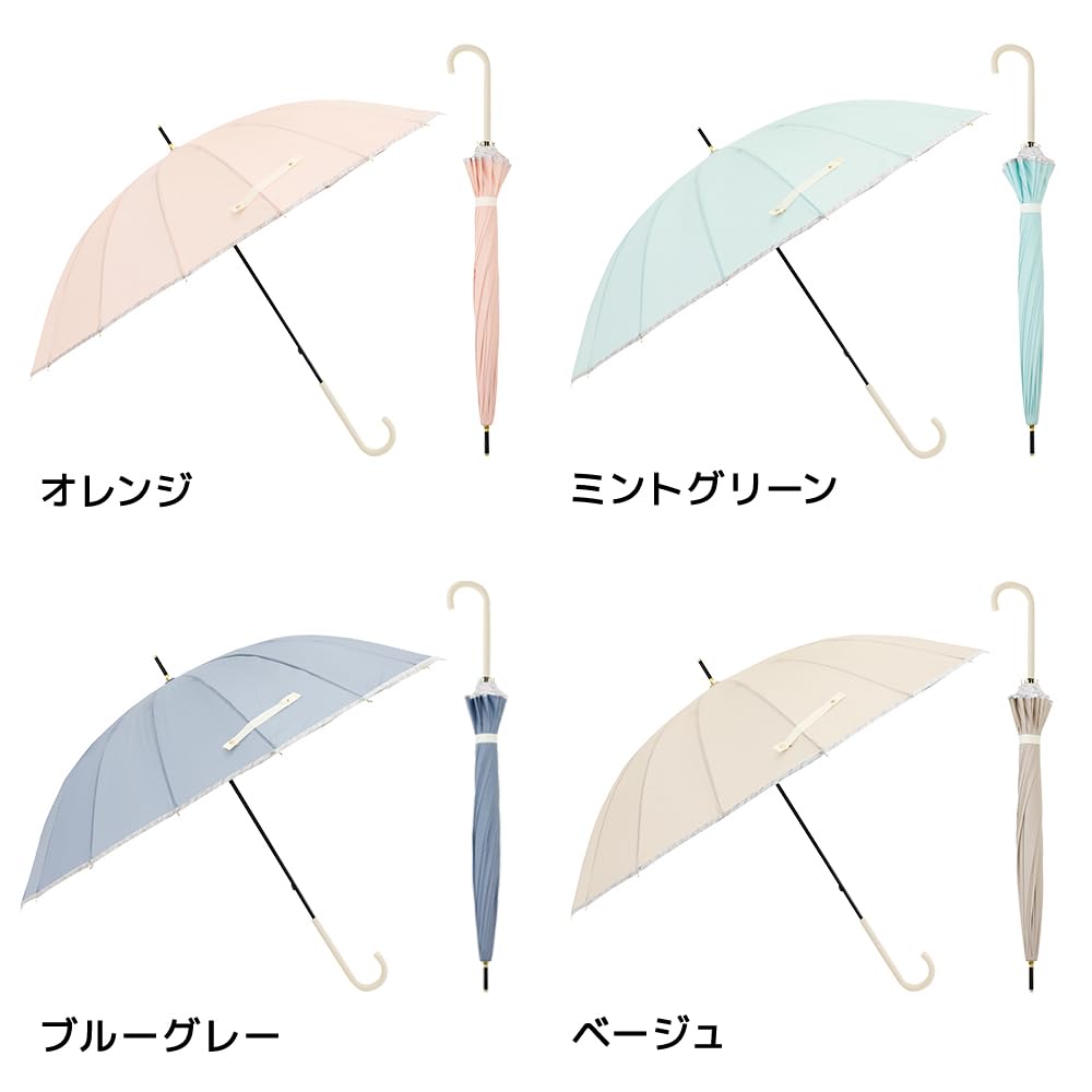 Ogawa Women's Long Umbrella, Large, Durable, Jump-Style, 60cm, Linedrops, Solid Mint Green, Colorful Piping, Water-Repellent, 57399