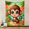 Cute Cartoon Monkey in Jungle Scene Patterned Tapestry Decorative Wall Hanging, Home Bedroom Living Room Decor