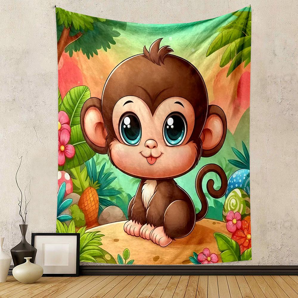 Cute Cartoon Monkey in Jungle Scene Patterned Tapestry Decorative Wall Hanging, Home Bedroom Living Room Decor