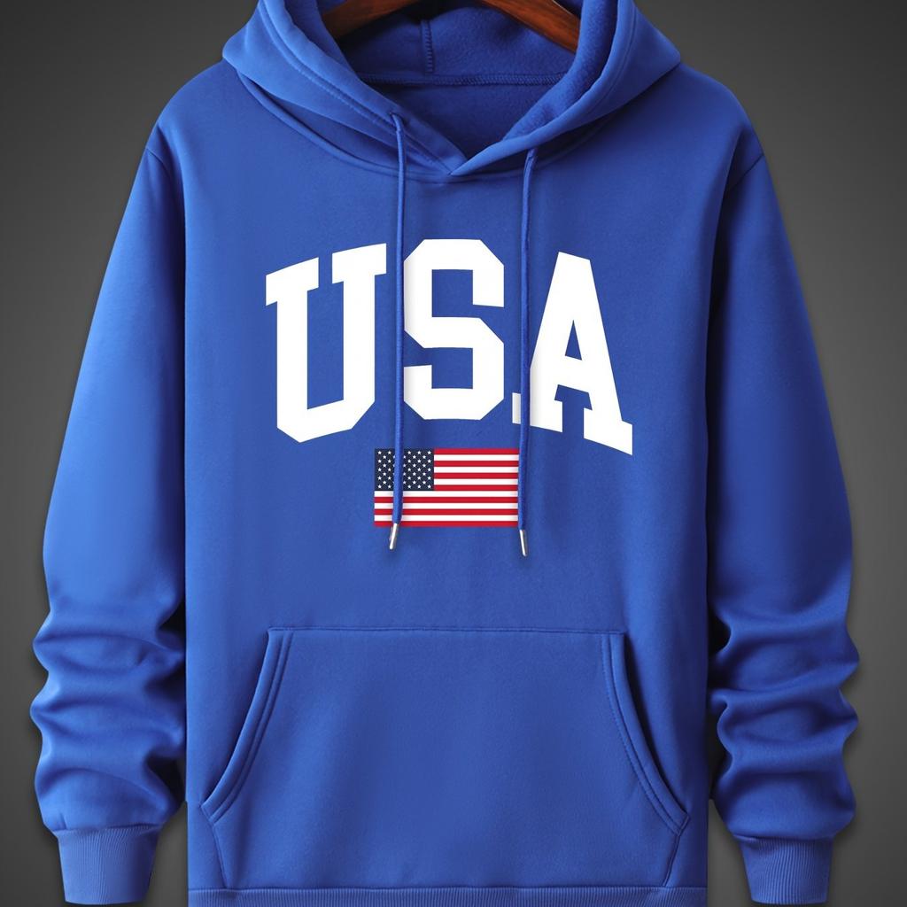 Men's Autumn and Winter Fashionable Casual Hoodie, Simple Printed American Flag, Comfortable Hooded Long-sleeved Sweatshirt