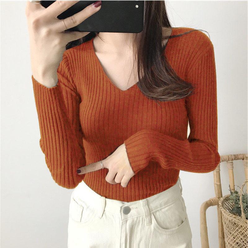 Women's Autumn Sweaters V-neck Slim Fit Pullover Long Sleeve Base Knitted Sweater Woman Winter Fashion Solid Bottoming Warm Knitwear Jumpers 24967