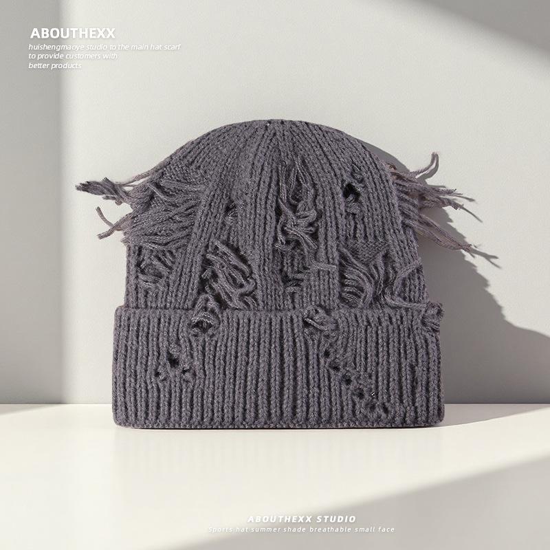 

Autumn and Winter Ripped Knitted Hats for Women Outdoor Ear Protection Cold Hats for Couples Versatile Warm Woolen Hats for Men Trendy M（56-60cm）