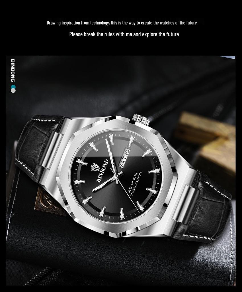Binbang Men's Luminous Waterproof Quartz Watch with Calendar - Trendy Korean Style