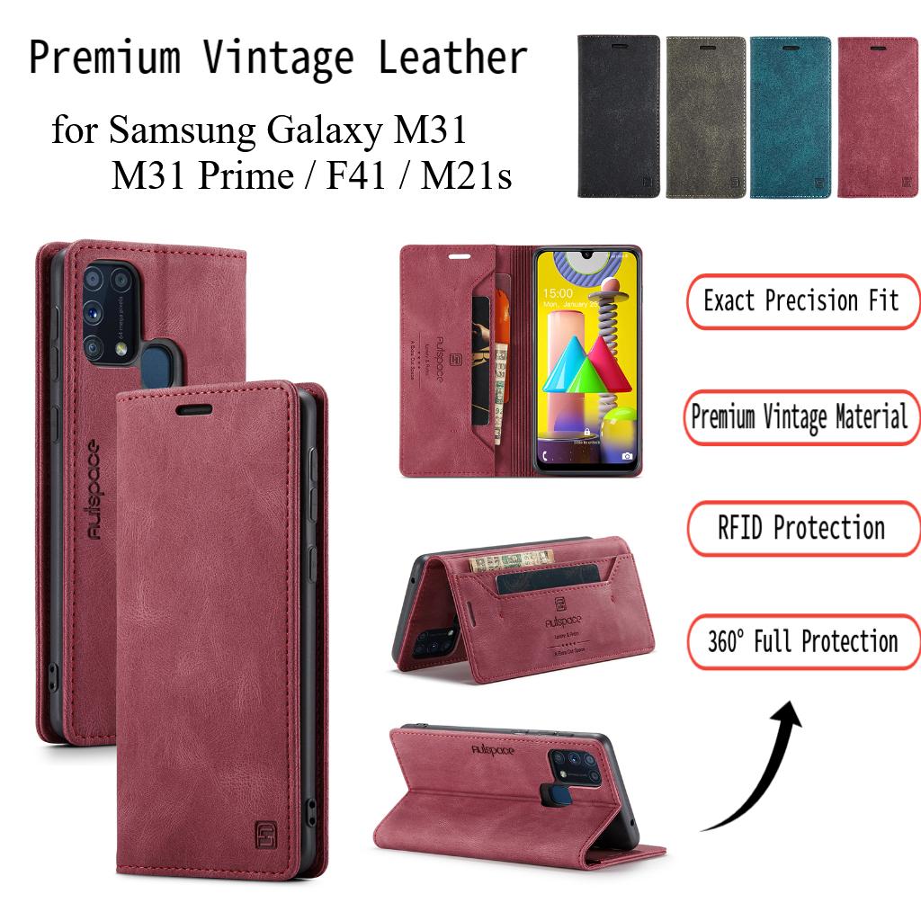 For Samsung Galaxy M31 / M31 Prime / F41 / M21s Vintage Leather Flip Wallet Case with RFID Blocking Card Slot, Matte Retro Folio Cover (4 Colors)