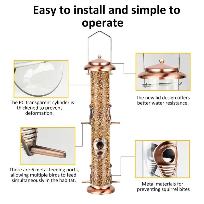 6 Port Metal Bird feeders for Multiple Birds Durable Proof Easy to Fill with Lift Cover and Clean transparents Tube Stable Hanging Design