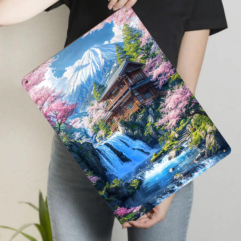 

Japanese Landscape Sakura Waterfall Iron Painting Living Room Wall Art Decorative Mural 20x30cm（7.8x11.8inch）