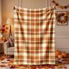 [2D FLAT PRINTING] 1pc Warm Brown Orange White Plaid Autumn Theme Fleece Blanket - Large Size, Soft, Lightweight And Warm, Suitable for All Seasons - 