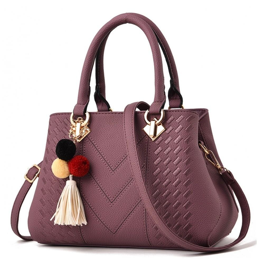 

PU Material Leather Handbags Pompon Decoration Large Capacity Crossbody Bags Fashion Forward Minimalist Design Bridal Bag Women фиолетовый