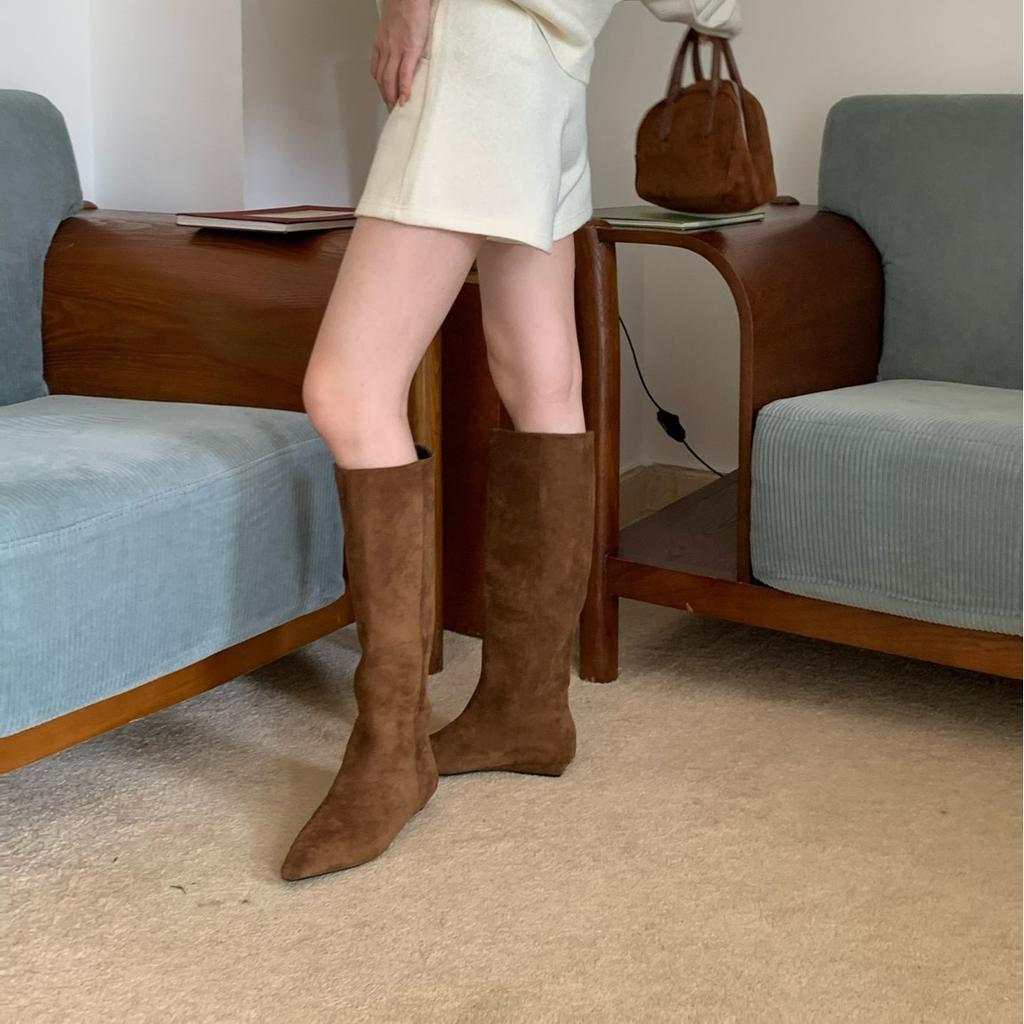 2025 New Small Pointed Suede Tall Thin But Knee Slope Heel Women's Boots