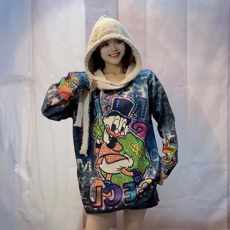 European Plus Size Rhinestone Donald Duck Hooded Sweater - 2024 Autumn Collection Women's Plush Top