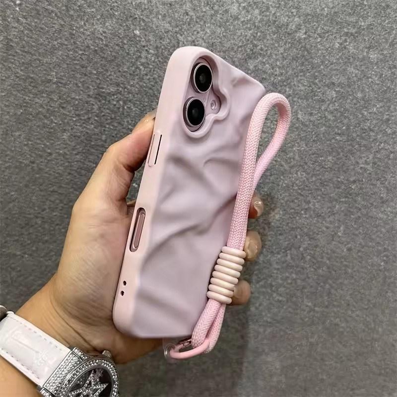 

Розкішний матовий чохол з ремінцем на зап ястя від зморшок для iPhone17 16 15 14 17 Pro Max Air 13 12 11, шнурок, однотонний хвилястий м який чохол цукеркового кольору iPhone 13 Pro Max рожевий