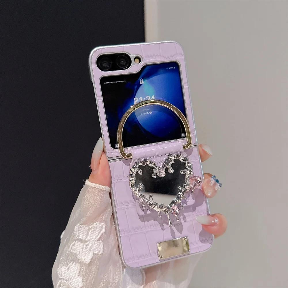 

Luxury Ring Holder Stand Love Heart Mirror Case for Samsung Galaxy Z Flip 7 6 5 4 3 Leather Crocodile Pattern Ins Korean Cover Galaxy Z Flip4
