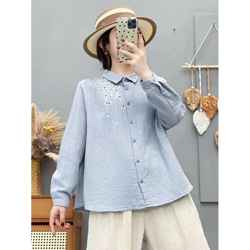 Spring 2026 Women's Embroidered Double Gauze Long Sleeve Casual Shirt with Lapel