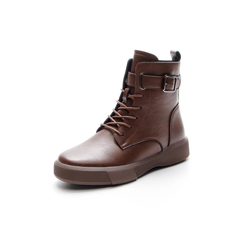 2025 autumn and winter large size leather Martin boots women's velvet warm-soled small short boots retro inner height-increasing flat boots