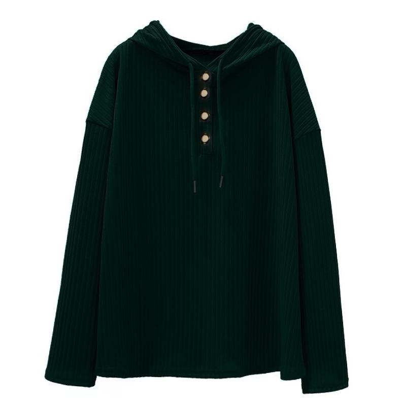 Women's Spring and Autumn Loose Long Sleeve Bottom Shirt Button Design Hooded Sweatshirt