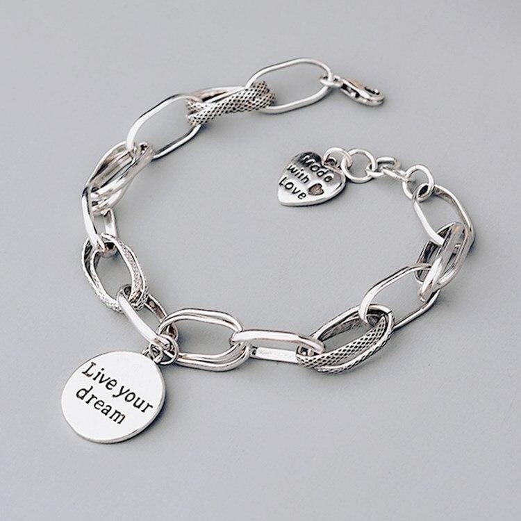 Xiyanike Silver Plated Korean Love Pendant Bracelet Retro Thai Silver Thick Chain Round Letter Bracelet Female Jewelry