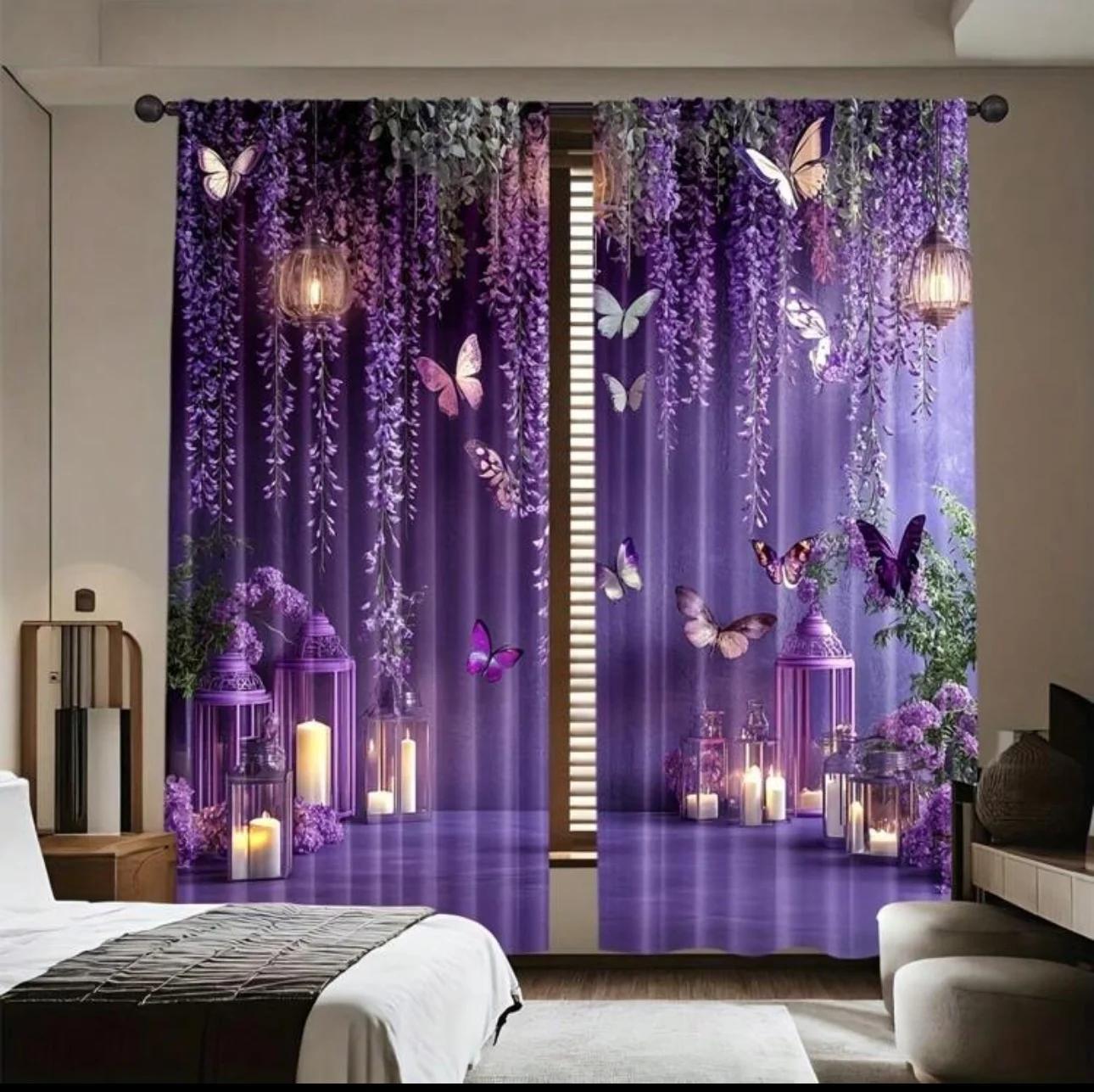 

Purple Butterfly Print Curtains Pole Bag Bedroom Living Room Home Decoration Made Of Polyester Great Decor W100*H70(CM)-Hooks&2PCS
