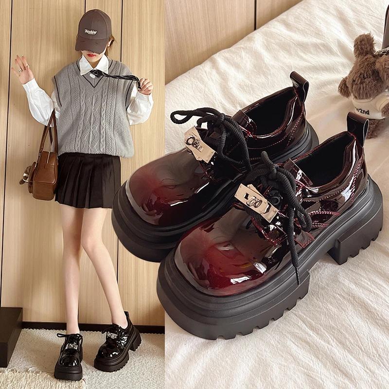 Women's Loafers Platform Sole Lace-up Sponge Cake Base Small Leather Shoes Dress Leisure Retro British Style Zapatillas De Mujer