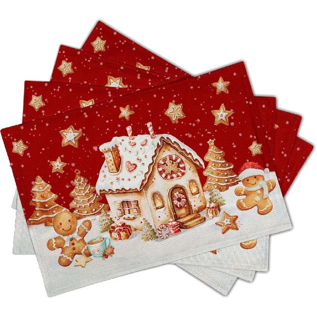 Xmas Placemats Set of 4 Gingerbread Man House Washable Heat Resistant Rectangle Dinner Mats for Party Kitchen Dining Decoration 12x18 Inch