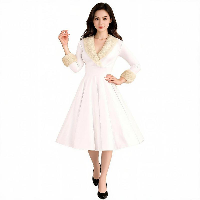 Christmas women's temperament elegant dress dress long sleeve fur collar sexy low cut dress