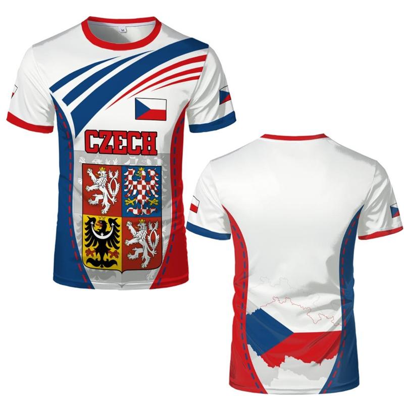 Tschechien Flagge Fußball T-Shirts Tschechien Nationales Emblem 3D Gedruckte Sport T-Shirts Lässige Atmungsaktive Rundhals T-Shirts