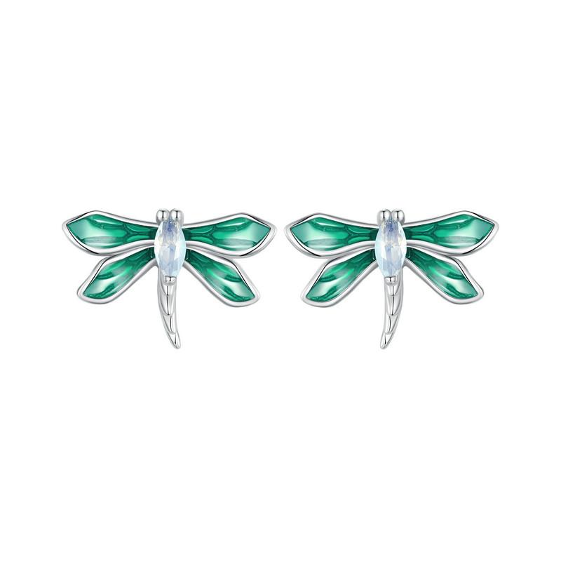 Bamoer 925 Silver Green Dragonfly Stud Earrings White Gold Plated Insect Earrings for Women Party Fine Jewelry Gift